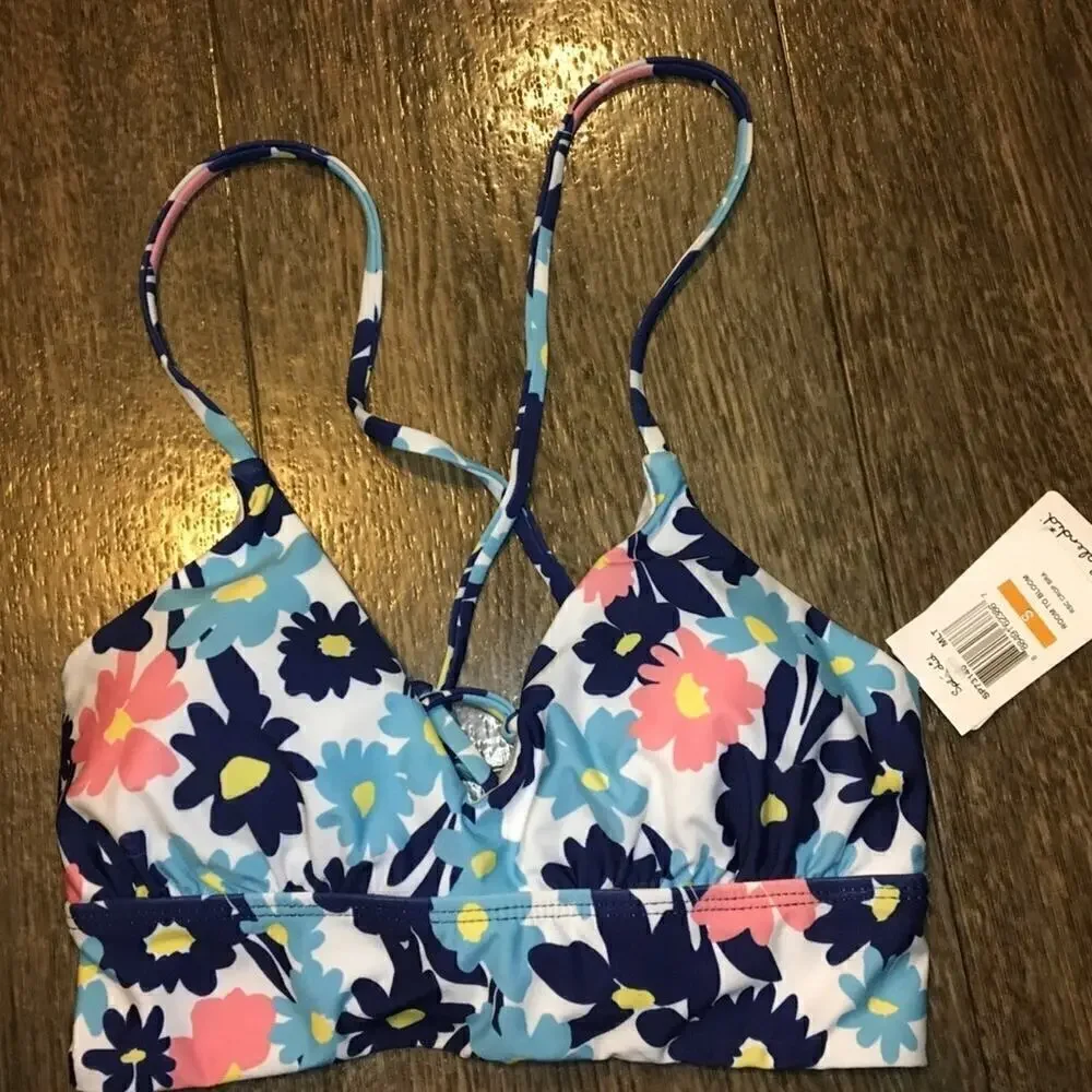 Splendid Room To Bloom Blue Floral Racerback Bikini Top Size Small NWT v6x